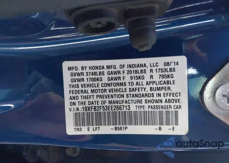 2014 Honda Civic Lx from USA, damaged, VIN 19XFB2F53EE266713